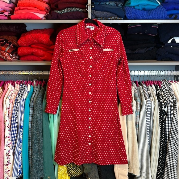 Vintage 70’s Verona Knits red/white polka dot long sleeve button down dress sz 6 - Picture 1 of 3